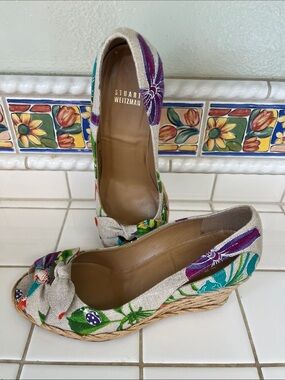 Stuart Weitzman Neutral Linen Wedges with Purple, Teal & Green Floral Peep toe